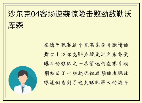 沙尔克04客场逆袭惊险击败劲敌勒沃库森